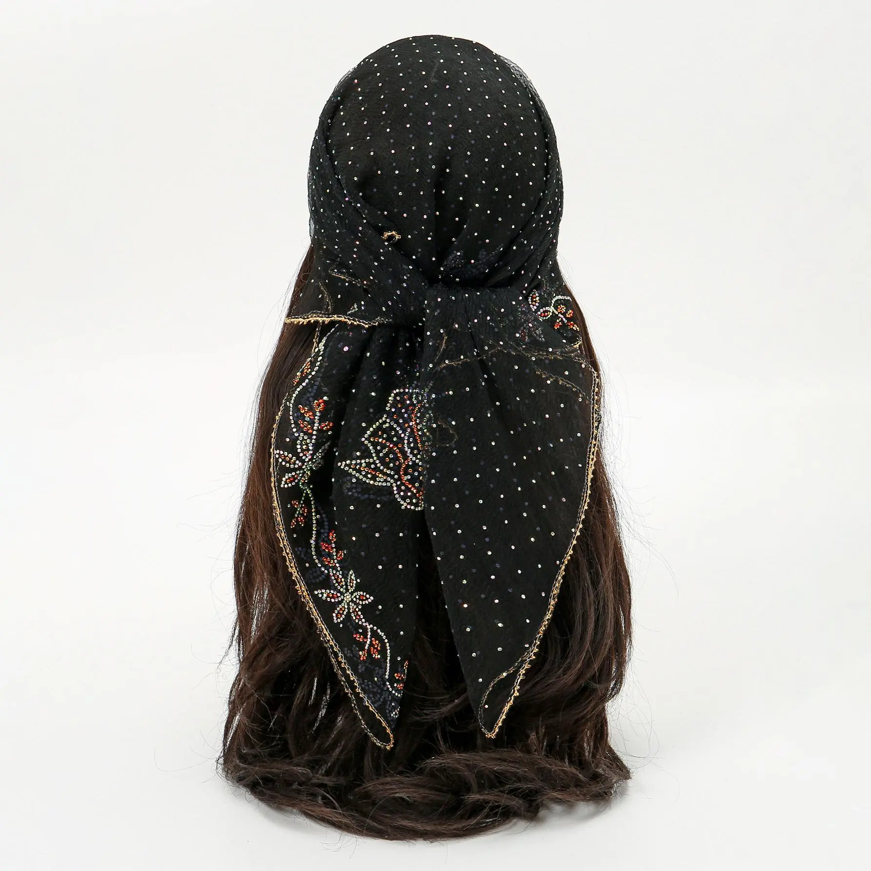 Women's Black Sheer Chiffon Scarf, Boho Style Shawl with Sparkly Rhinestone Polka Dots for a Female Party, Sheer Wrap, Sparkly Boho Shawl, Sparkly Rhinestones