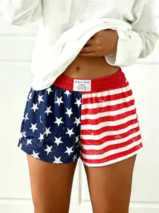 American Flag Leopard Camo All-Over Print Shorts, Summer Loose Fit Casual Gym Shorts, Soft Comfortable Skin-Friendly, Women's Independence Day Wear