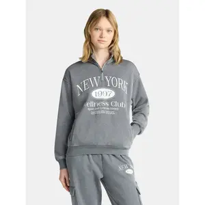 No Boundaries Women's Mineral Wash Quarter Zip Pullover Sweatshirt, Vintage Graphic Half Zip Midweight Top, Casual Streetwear