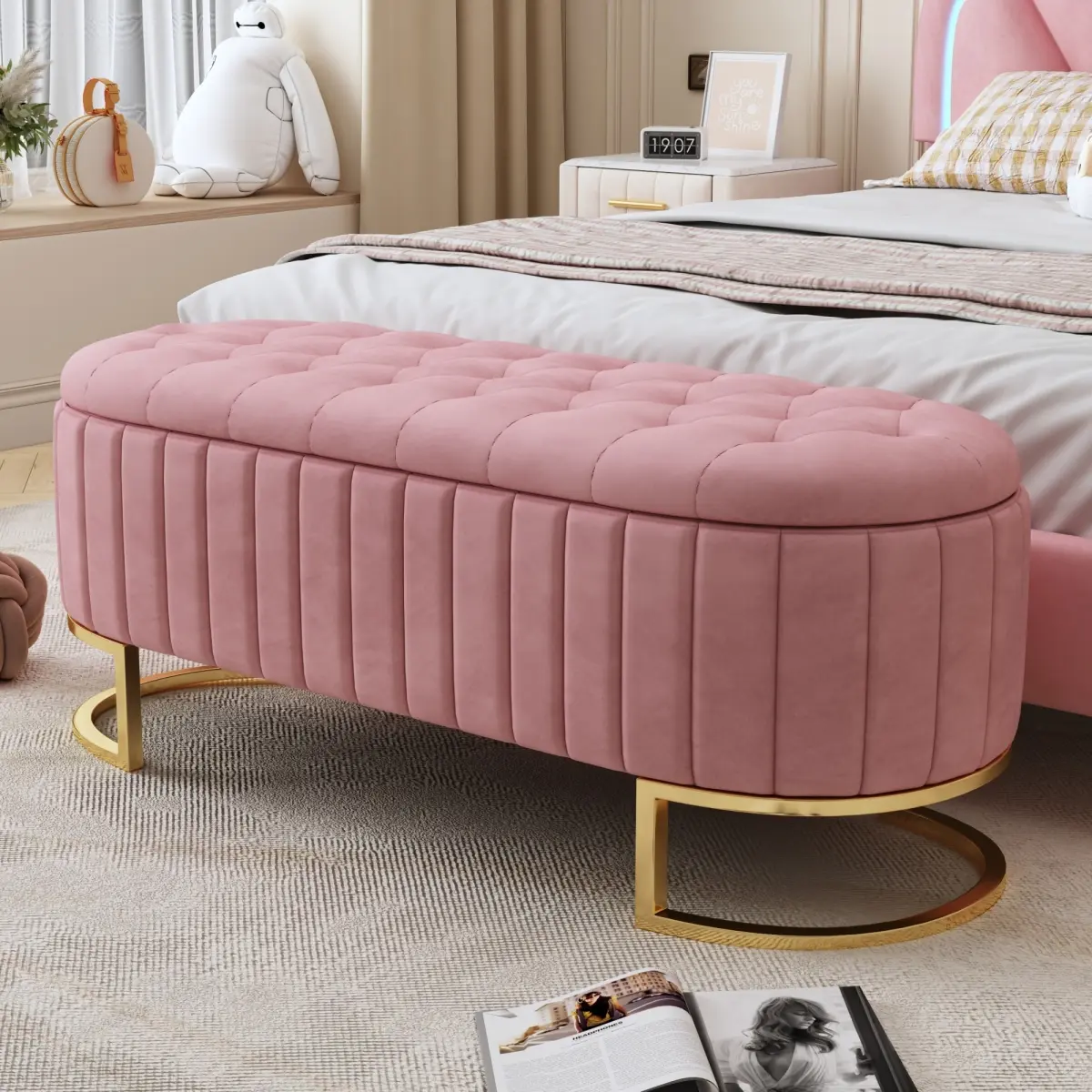 Classic Glam Velvet Upholstered Footstool with Storage - Button-Tufted, Metal Legs, Suitable for Bedroom, Nursery, Life-Enhancing, Fully Assembled Except Legs, Pink