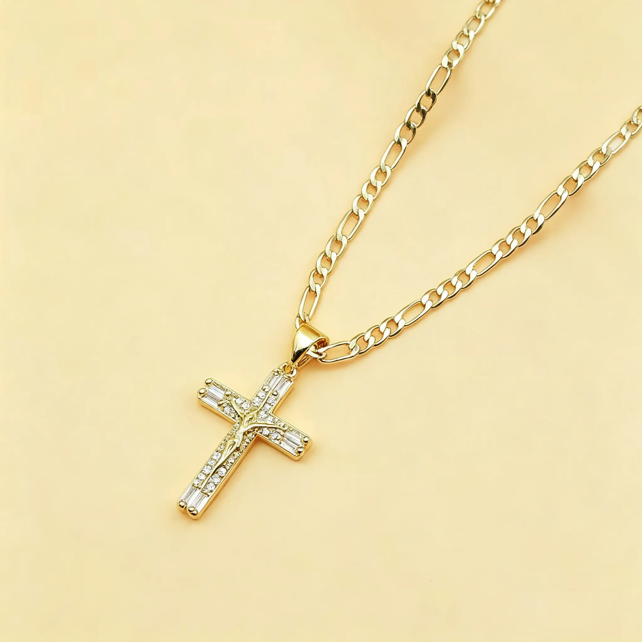 14K Gold Plated Jesus Crucifix Pendant Necklace 22 Inch, Copper Figaro Chain with Cubic Zirconia Inlaid Cross – Catholic Religious Jewelry for Men Women, Christian Faith Gift