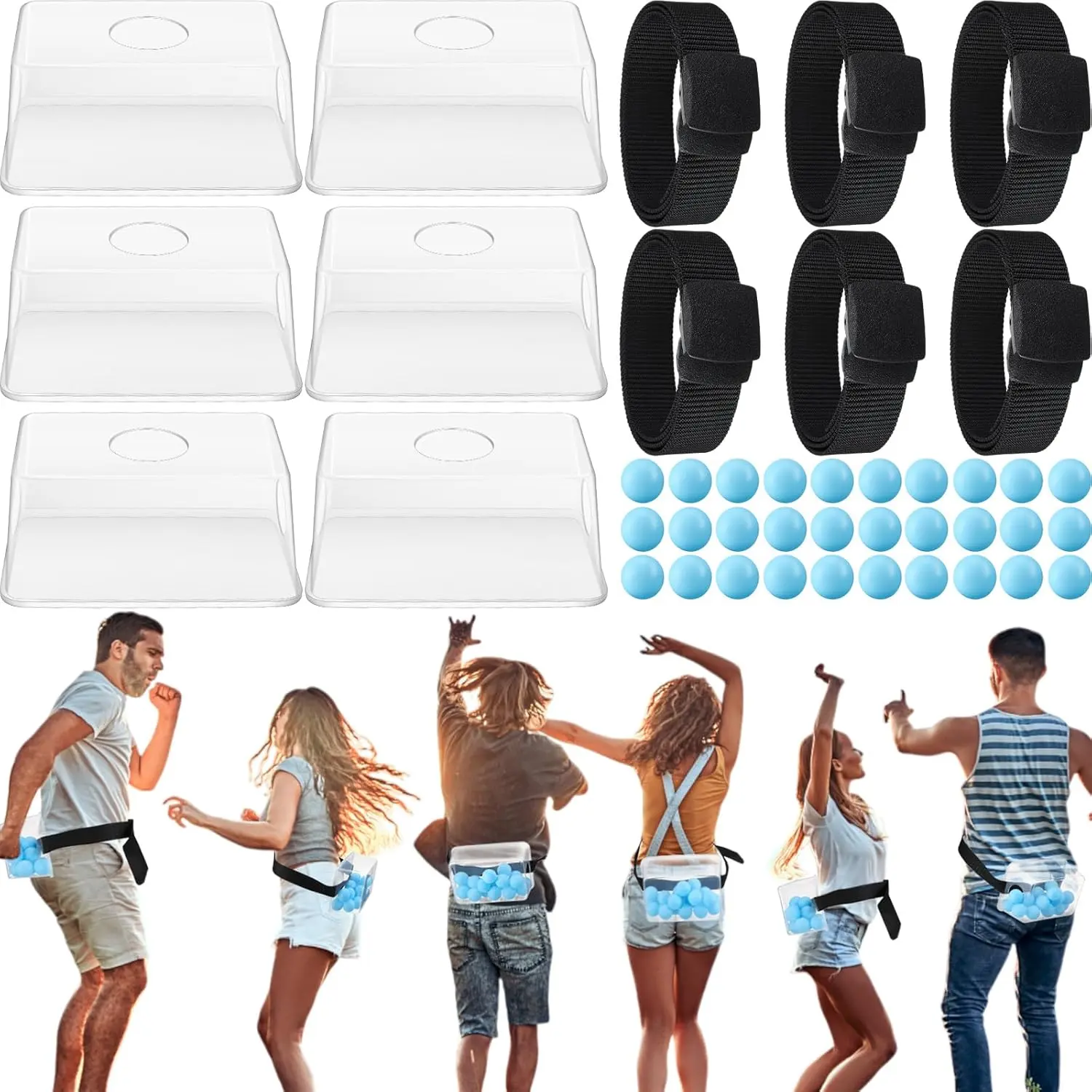 Interactive Party Game, 6 Complete Sets for Casual Indoor Recreation, Funky Plastic Activity for Kids & Adults, Includes 60 Blue Balls & Belts, Lightweight Indoor Recreation, 6 Sets To Gift