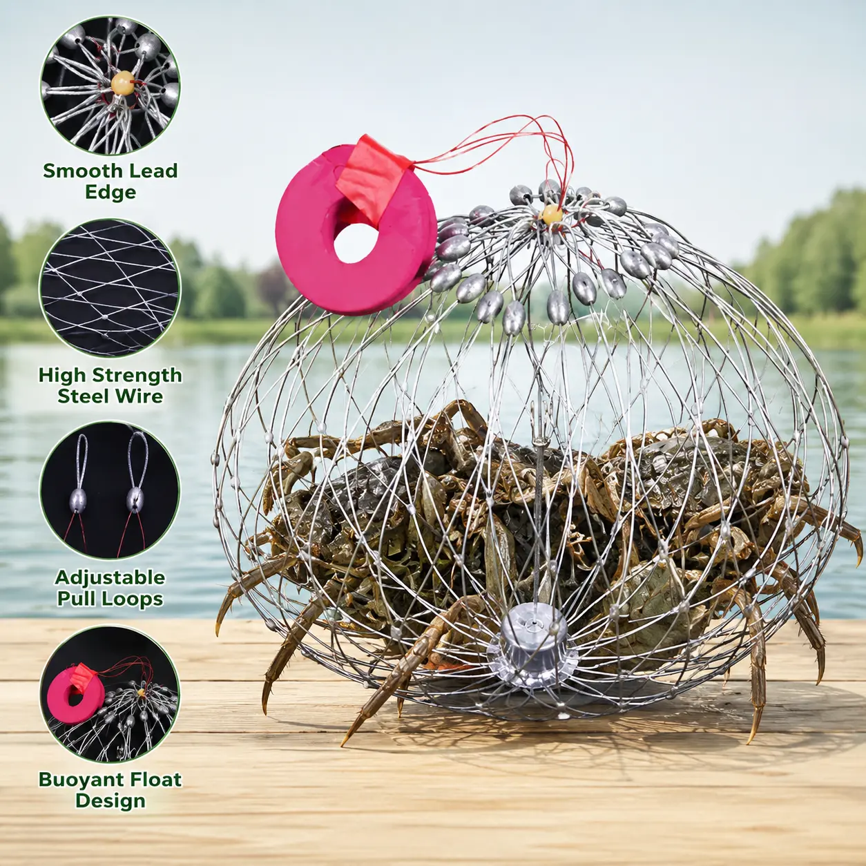 Crab Fishing Cage (1 Count) - Adjustable, Flexible Steel Wire Body, Full Welding, Smooth Edge, Lead Sinkers for Outdoor River Lakes Fishing, Flexible Body