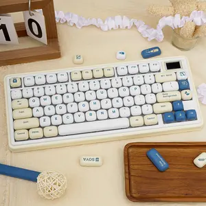 140 Keys Cute MOG Profile PBT Keycaps, Dye‑Sublimation Round Custom Keycaps Set, White Blue Yellow Creamy Color Kawaii Key Caps, Compatible with ANSI Layout & Cherry Gateron MX Switches Mechanical Keyboards