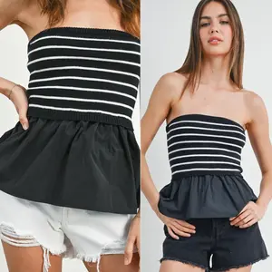 Kenna Flowy Peplum Tube Top | Black and White Striped Tube Top Flowy Shirt | Summer Top | Casual Chic Summer Strapless Top