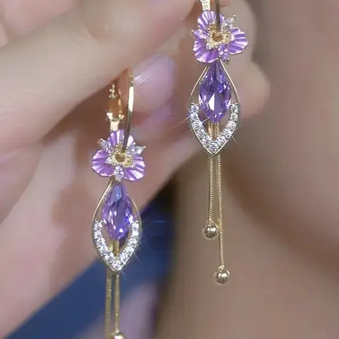 Women's Purple Zircon Flower Tassel Dangle Earrings, Elegant Bejeweled Accessories for Women with Sparkling Stones, Feminine Aesthetic Floral Accent Earrings for Everyday Sparkle