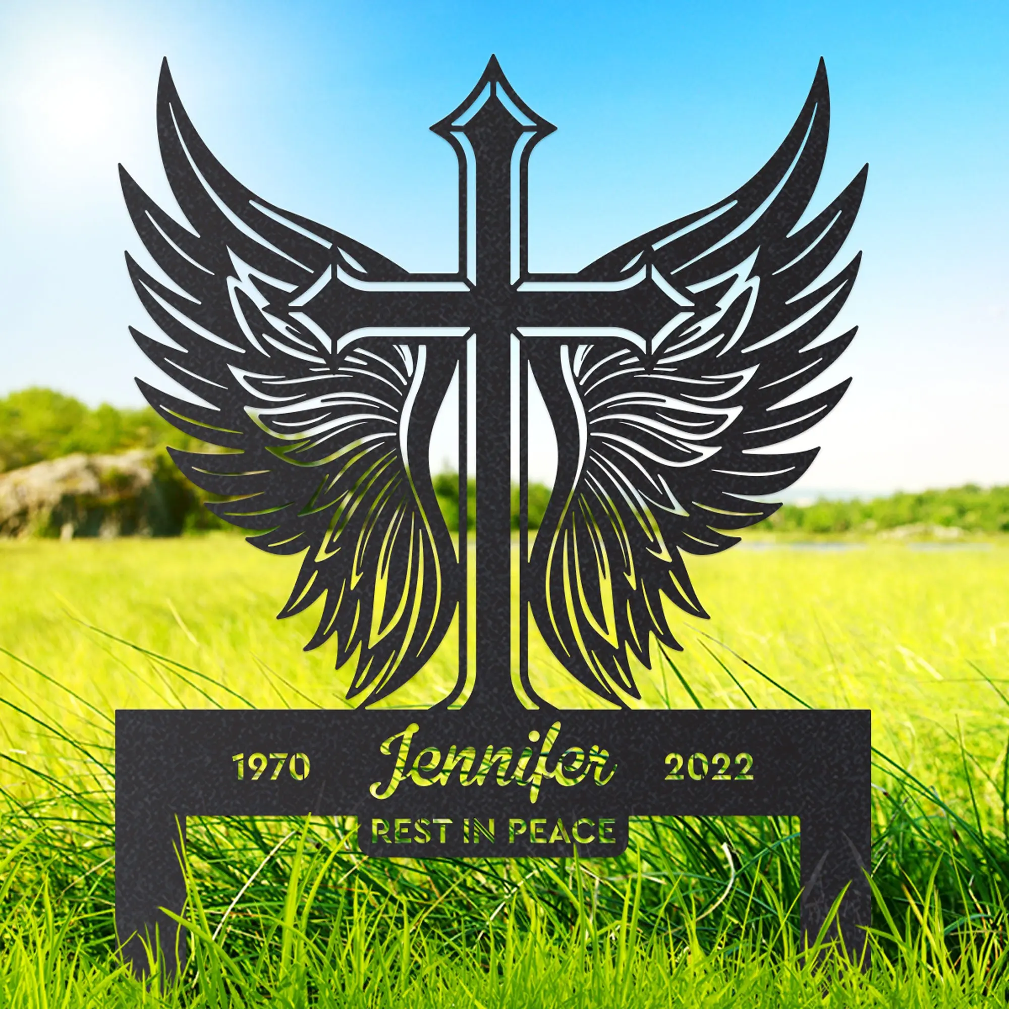Memorial Cross with Wings Grave Marker