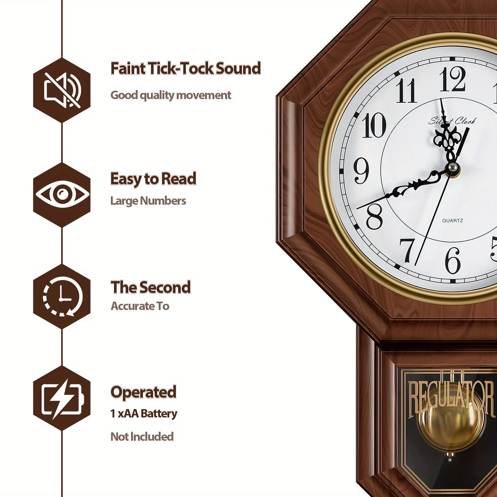 Elegant Round Chiming Pendulum Wall Clock - Silent Non-Ticking Movement, Westminster Chimes & Strike, Easy-to-Read Large Face, Golden Hands, Arabic Numerals, Battery-Powered (AA Not Included), Durable Plastic Frame for Living Room Decor, Party Gifts