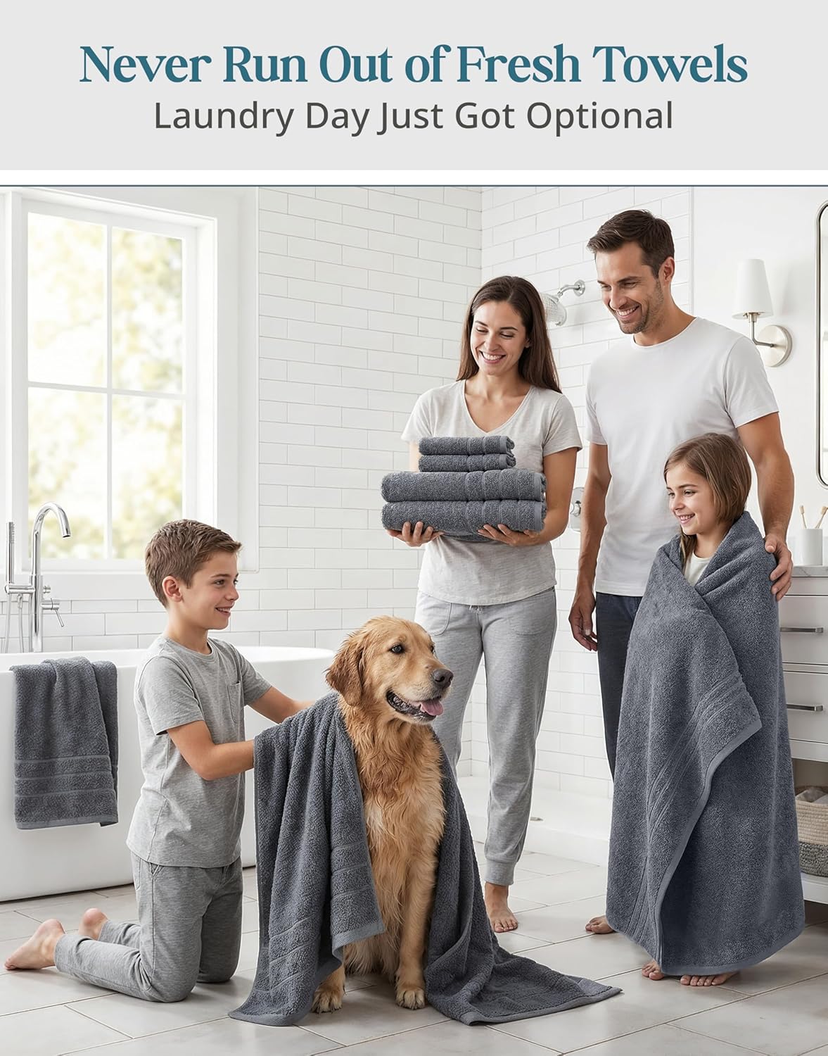 100% Cotton Towels Set for Bathroom - 12 Pc Family Pack - Super Soft & Quick Dry - 4 Bath, 4 Washcloth, 4 Hand Towels - Oeko TEX Certified, Machine Washable & Durable - Cool Grey