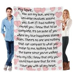 Pink Heart 'My Love' Sun & Universe Quote Flannel Blanket Soft Cozy Valentine's Day Gift Throw with Devoted Romantic Message Design Perfect for Gifting to Your Partner Snuggling Warmly or Adding Intimate Loving Charm to Any Space