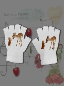Tiktok Trendy Deer Cat Print Half Finger Gloves, Winter Gloves, Cute Style Accessory for All Seasons, Slim-Fitting Kint Fabric, Moderate Thickness
