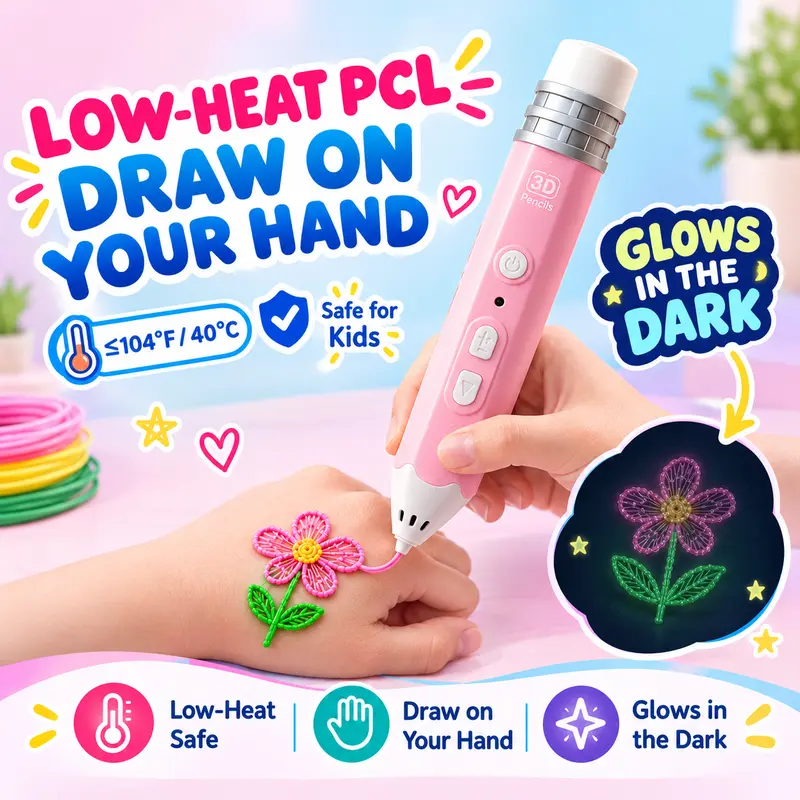 Kids' Low-Temperature Cordless 3D Pen Kit with 10-Pack Glow PCL Filament Refills, Non-Toxic DIY Drawing Tool for 8-10 Years & Age 8+ to Draw 3D Art & Make Kids' Model, Creative Toy Gift