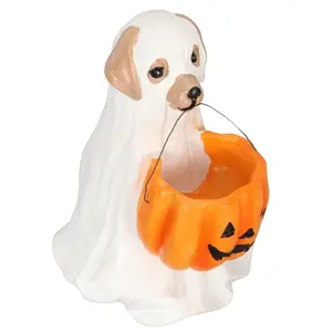 Halloween Dog Candy Bowl Holder, Spooky Resin Figurine with Pumpkin Bucket, Durable & Lightweight, Indoor/outdoor Decoration