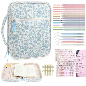 Bible Cover Case for Women: Bible Study Supplies Kit with Bible Highlighters, Christian Gifts for Women - Blue Flower, Cotton, Floral Pattern