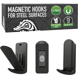 Gator Magnetics MINI - Open Hooks, 15 lb Strong Magnetic Hooks for Steel Surfaces, Patented Easy-Release, Non-Slip Grip - Storage & Organization, Fridges, Offices, Classrooms, Kitchen – Black - 3 Pack