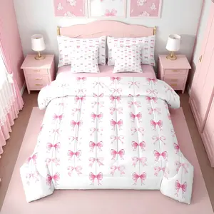 Pink Bow Comforter Bed Set with Sheets,Girls Coquette Bow Tie Bedding Set,7 Piece Kids Women,Cute Pink Ribbon Bows Bed Bag,Kawaii Preppy Bowknot Sheet