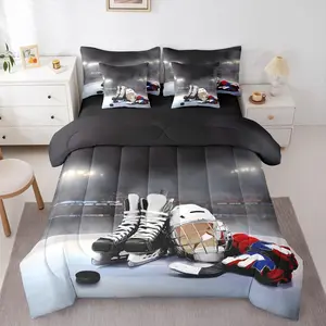 Puck Helmet Skates 7 Piece Bedding Set,Ice Hockey Sticks Comforter Set with Sheets, Winter Sport Game Bed in a Bag,White and Black