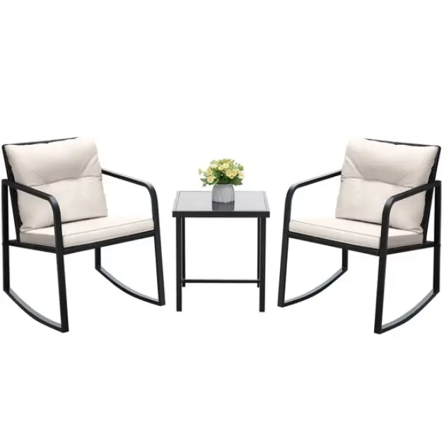 Vineego 3 Pieces Patio Conversation Sets Outdoor Rocking Chair PE Rattan Bistro Rocker with Coffee Table, White