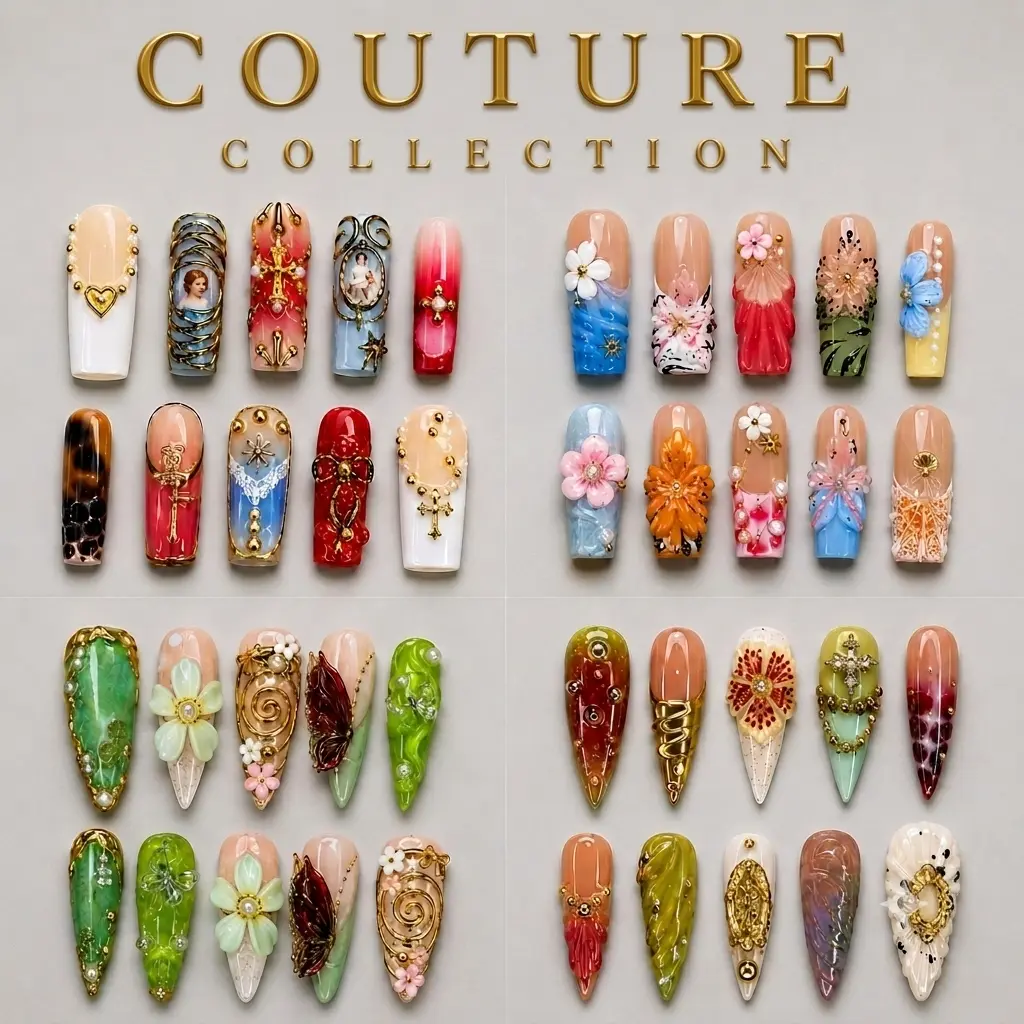 NAILCOUTURE Press-On Nails | Coffin, Square, Stiletto & Oval Shapes | Handmade Artisan Craftsmanship | Premium Acrylic Gel System | Reusable 3D Nail Art | Salon-Quality | Long-Lasting | Glossy Finish | Wearable Luxury Statement Collection