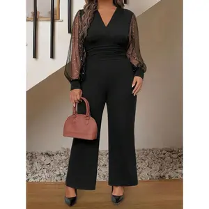 Women's V-Neck Sequins & Mesh Lantern Sleeve Elegant Casual Jumpsuit
