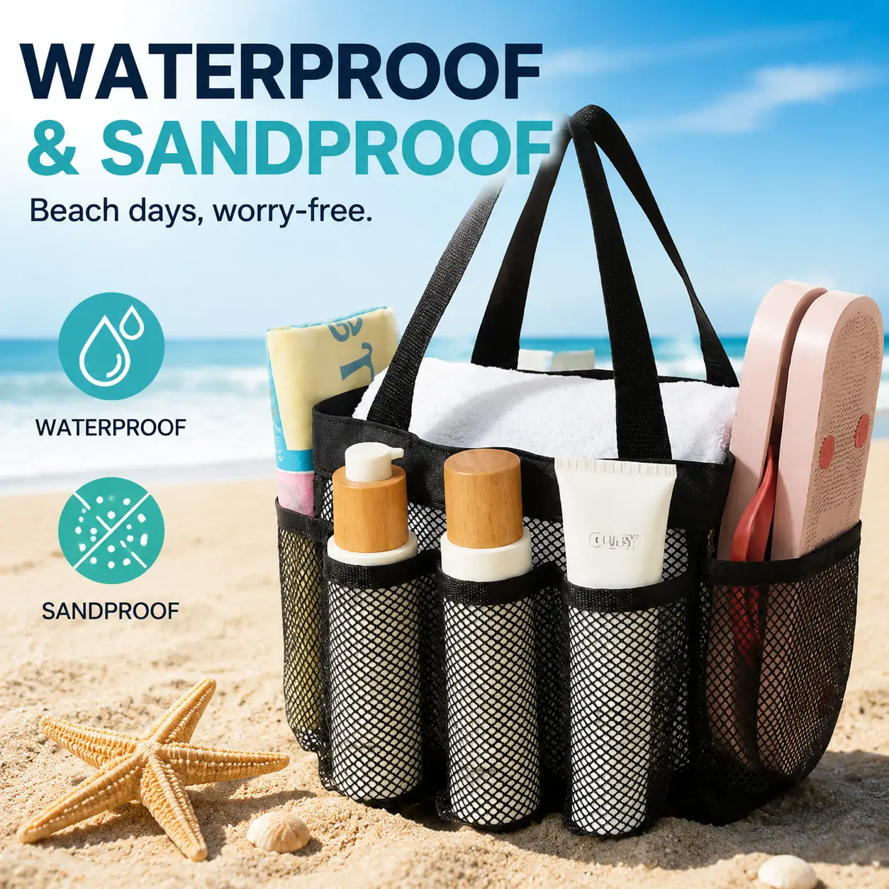 Mesh Beach Bag Waterproof Sandproof Tote Bag with Multiple Pockets Large Capacity Pool Bag for Women Summer Beach Travel Essentials