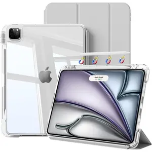 Hybrid Case for iPad Air 13 Inch M3/M2 (2025/2024), Pro 12.9 Inch (6th/5th Generation, 2022/2021) with Pencil Holder, 2 in 1 Detachable Cover with Clear Hard , Auto Sleep/Wake, Gray