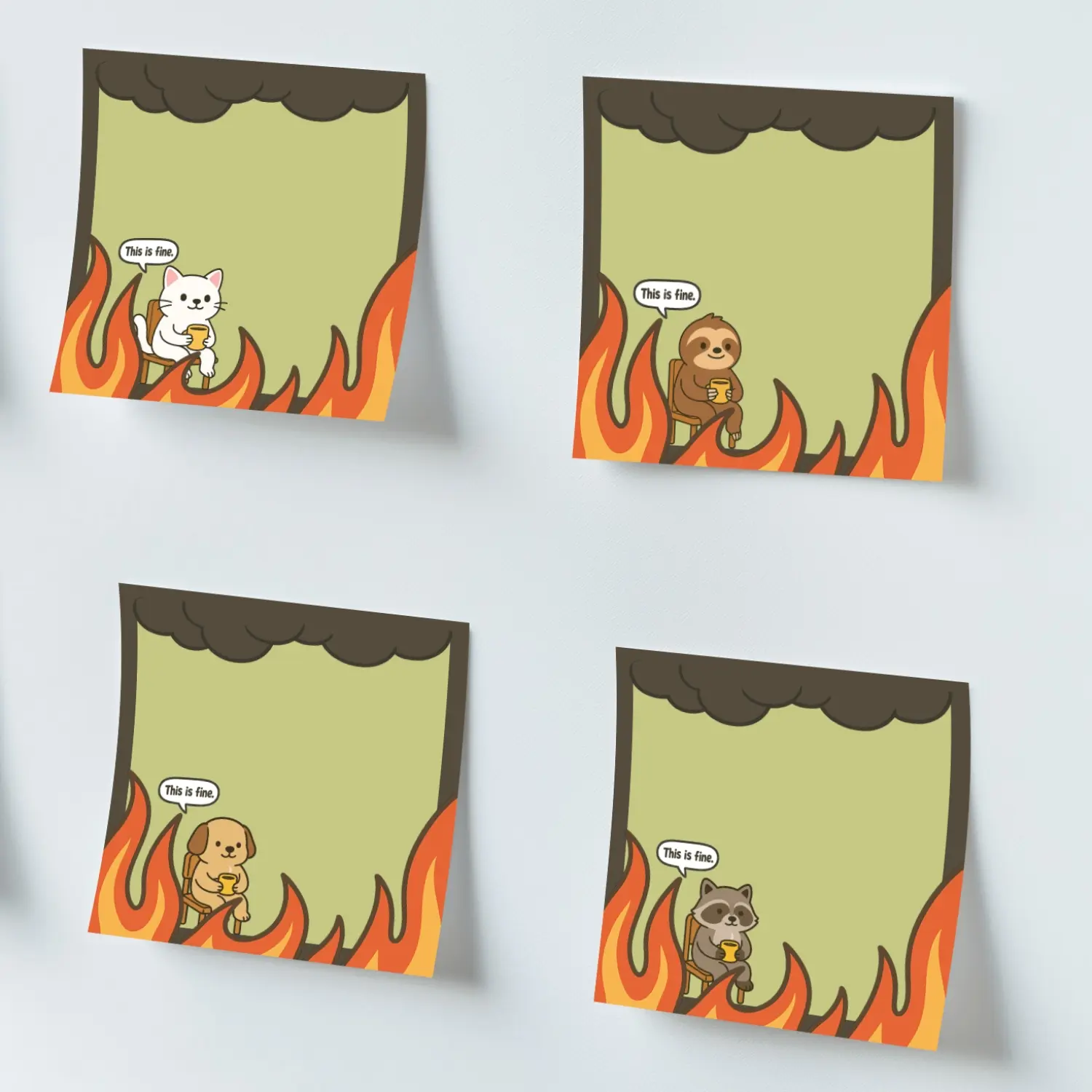 4pcs Funny "This is Fine" Sticky Notes 3x3 Inch 50 Sheets Funny Office Note Pads Adhesive Funny Sticky Notes for School Office Home Supplies Students Teachers Gift, Funny Stickers, Self Adhesive Stickers, Sticky Notes Set