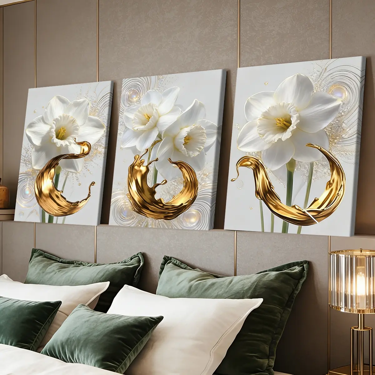 3 Counts Wooden Framed Canvas Painting, Elegant White Daffodil And Golden Splash Images, Exquisite Poster, Perfect Gift, Decor For Living Room, Bedthroom, Modern Art, Fashion Family Poster, Wall Art Decoration, Decorative Artwork