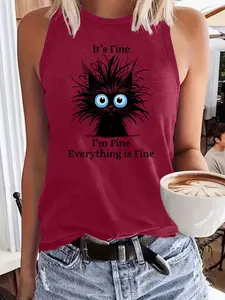 Women's Cartoon Cat Graphic Round Neck Tank Top, Tank Shirt, Casual Sleeveless Loose Fit Printed Top for Summer, Ladies Clothes for Daily Wear, Socks