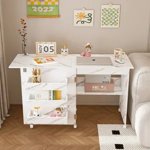 4-in-1 Folding Sewing Table with Lockable Wheels, Multi-Functional Craft Station, End Table, Computer Desk & Kitchen Storage with Shelves, White Rolling Sewing Machine Table for Apartments