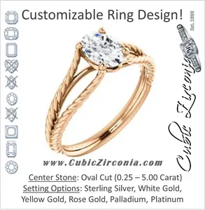 Cubic Zirconia Engagement Ring- The Manuela (Customizable Cathedral-set Oval Cut Solitaire with Rope-Engraved Split-Band)