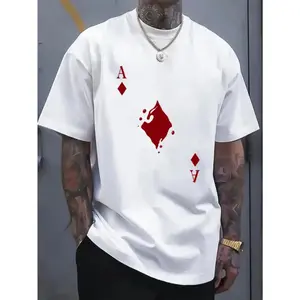 Men's crew neck t-shirt with bold Ace of Spades graphic print, regular fit stretch knit fabric, white casual short sleeve top, suitable for all seasons, casual style, machine washable, street trend t-shirt