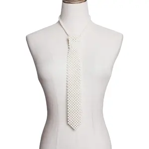 1 Piece White Artificial Pearls Neck Tie Handmade Weaving Ladies Shirt Necklace Neck Ties Womens Tie Beaded Tie Necklace for Women