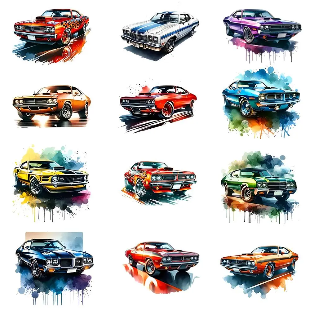 Car Pattern Heat Transfer Sticker, 12pcs/set Retro Style Watercolor Car Pattern Heat Transfer Sticker, DIY Clothing Decoration for T-shirt, Jeans, Backpack, Crafts, DIY Material, Craft Supplies