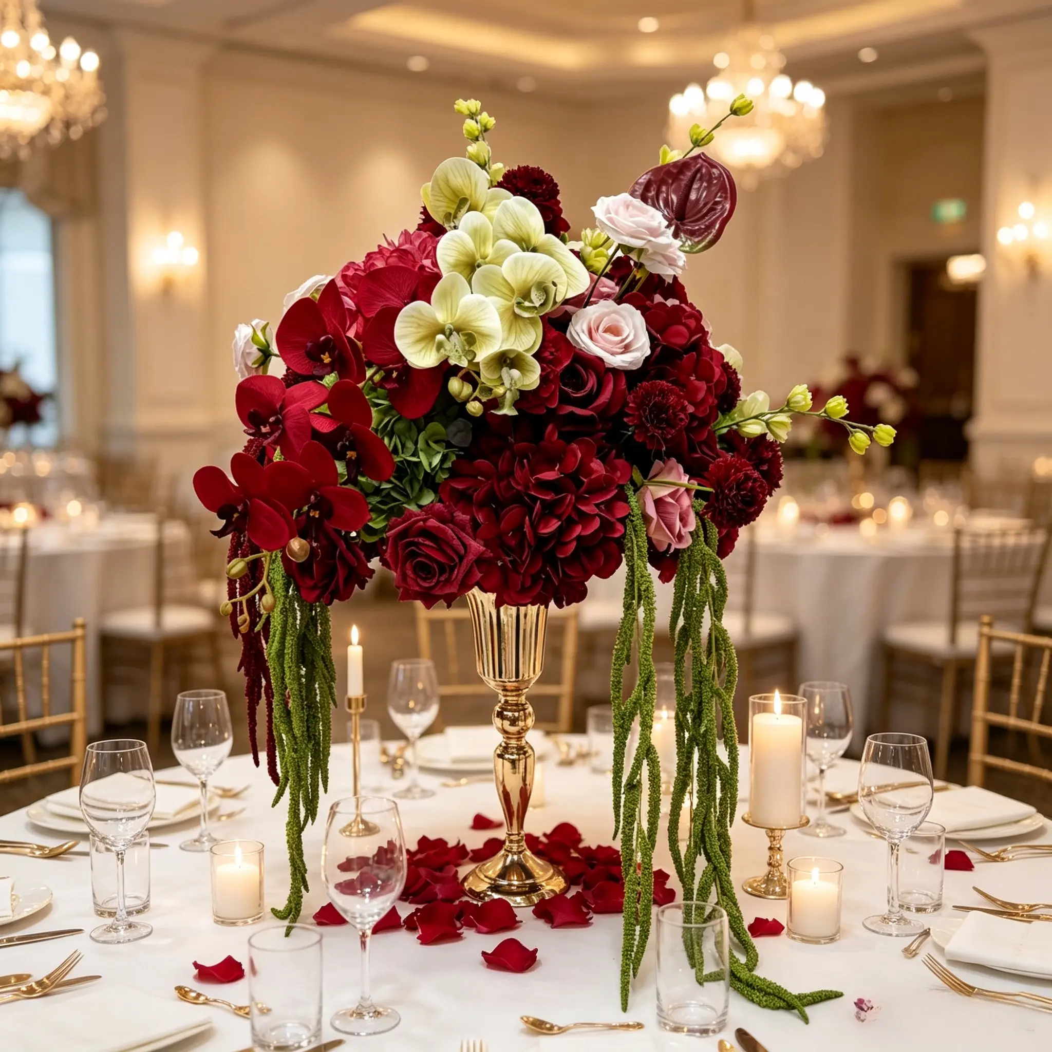 Burgundy Red Orchid Hydrangea Trailing Greenery Table Centerpiece Artificial Floral Arrangement Silk Flower Bouquet For Wedding Reception Bridal Shower Table Decor Banquet Dinner Party Baby Shower Photoshoot Moody Romantic Tabletop Floral Prop Event Decor