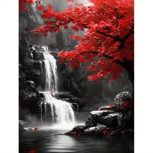 1PCS Red Maple Leaves by Waterfall Acrylic Paint by Numbers 16x20in Unframed Beginner DIY Fresh & Healing Style Decor for Bedroom / Living Room / Study Ideal Gift for Nature Lovers & Housewarming DIY Painting Supplies