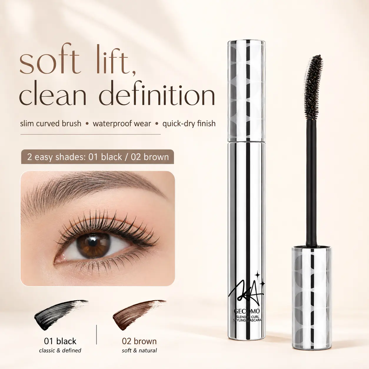 Slim Curl Mascara for Women, Black Brown Mascara for Women, Waterproof Volumizing & Curling Mascara, Slim Precision Brush for Defined Natural-Looking Lashes