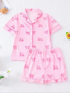 Sweet Bow Print Kids Pajama Set, New Fire Retardant Fabric Short Sleeve Shorts, Casual Fitted Home Wear for Children, Cartoon Print Pajama