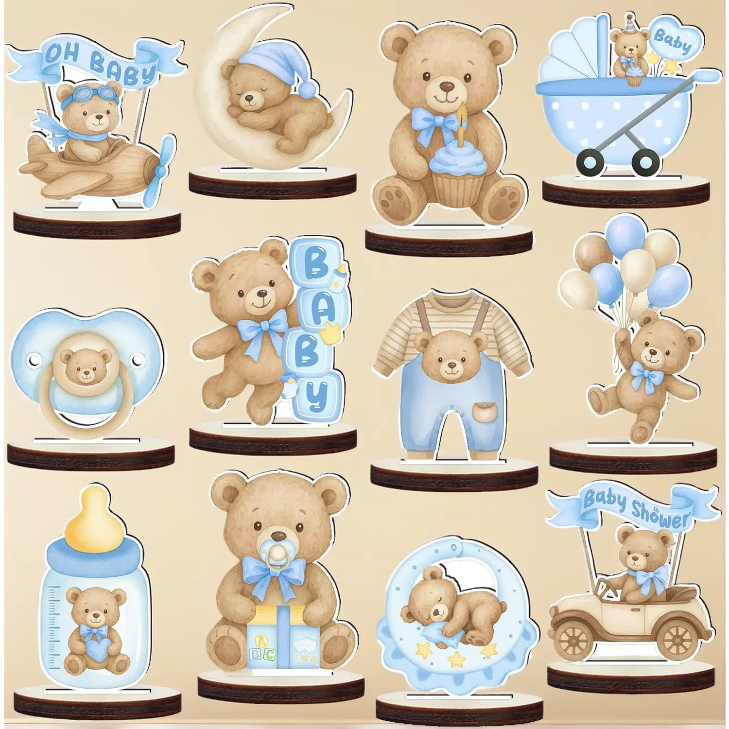 12 Pcs Wooden Baby Shower Centerpieces for Tables - Secure Fit Bear Table Decorations for Gender Reveal - Double Sided Blue Bear Table Toppers for Birthday Party Decor, Photo Props