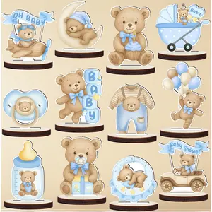 12 Pcs Wooden Baby Shower Centerpieces for Tables - Secure Fit Bear Table Decorations for Gender Reveal - Double Sided Blue Bear Table Toppers for Birthday Party Decor, Photo Props
