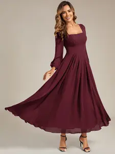 Ever-Pretty 2026 Spring  Elegant Chiffon Square Neck Long Sleeve Maxi Dress with Lace-Up Back and Ruched Waist for Wedding or Evening Party dress,formal dress,holiday dress 2522