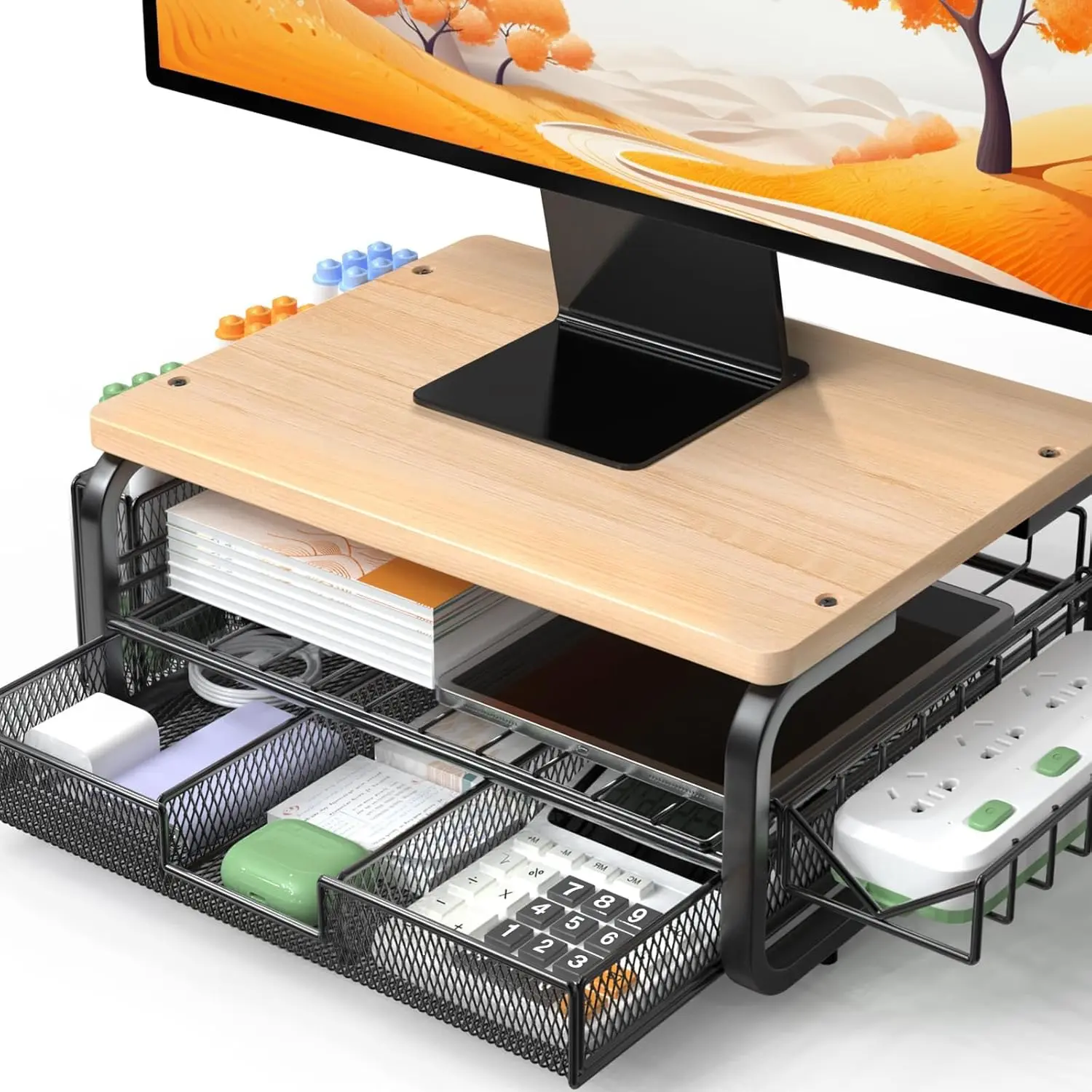 Wooden Computer Monitor Stand with Drawers - Ergonomic Office Furniture, Multifunctional Laptop Riser, Desk Storage Organizer, Ergonomic Office Accessories for WFH Setup