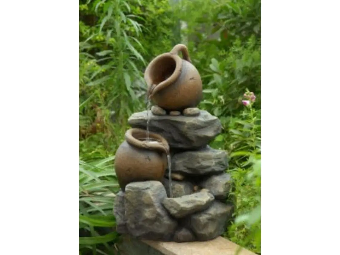 Tiered Jars 3-Level Polyresin Small Pots Water Fountain with Pump, Distressed Outdoor Indoor Garden Decor, 13"l x 12.6"w x 21.3"h, 6.8 lbs, 110V Output for Home Improvement Use, Water Fountains, Fountain Finds