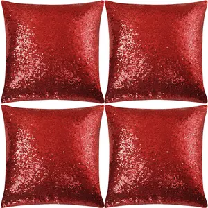PiccoCasa 4 Pcs Sequin Throw Pillow Covers, 18x18 Inch, Glitzy Decorative Cushion Cover, Shiny Sparkling Satin Square Pillowcase Cover for Livingroom Decor Wedding Party, Red