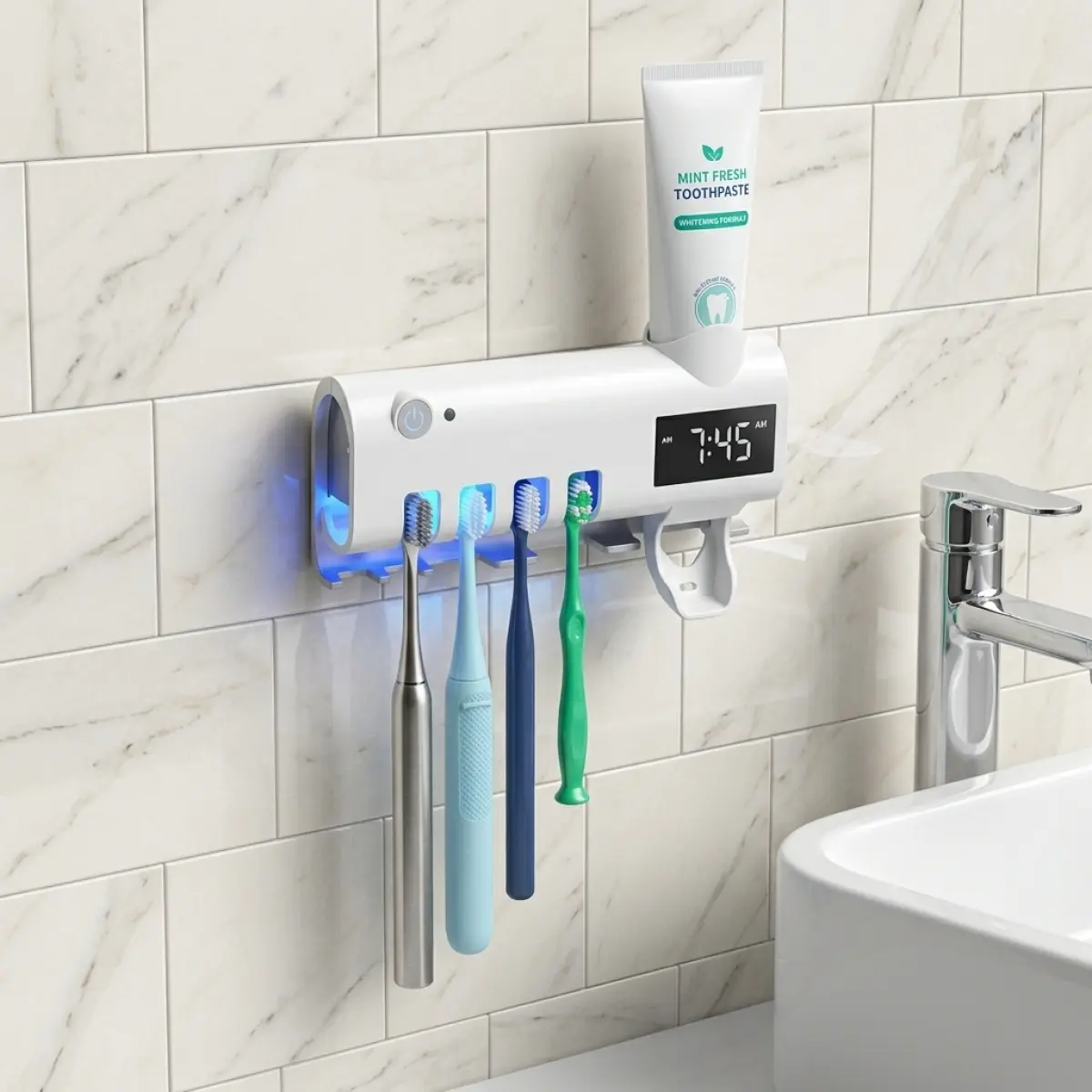 Nexapick Modern Multifunctional UV-Sanitizing Toothbrush Sanitizer Holder with Solar-Powered Auto Toothpaste Dispenser, Mountable Compact Light & White Button Bathroom Organiser