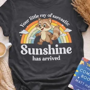 Your Little Ray of Sarcastic Sunshine Graphic Tee Funny Raccoon Shirt Cute & Sassy T-Shirt Ultra-Soft Breathable Charcoal Gray Unisex Fit Retro Rainbow Design