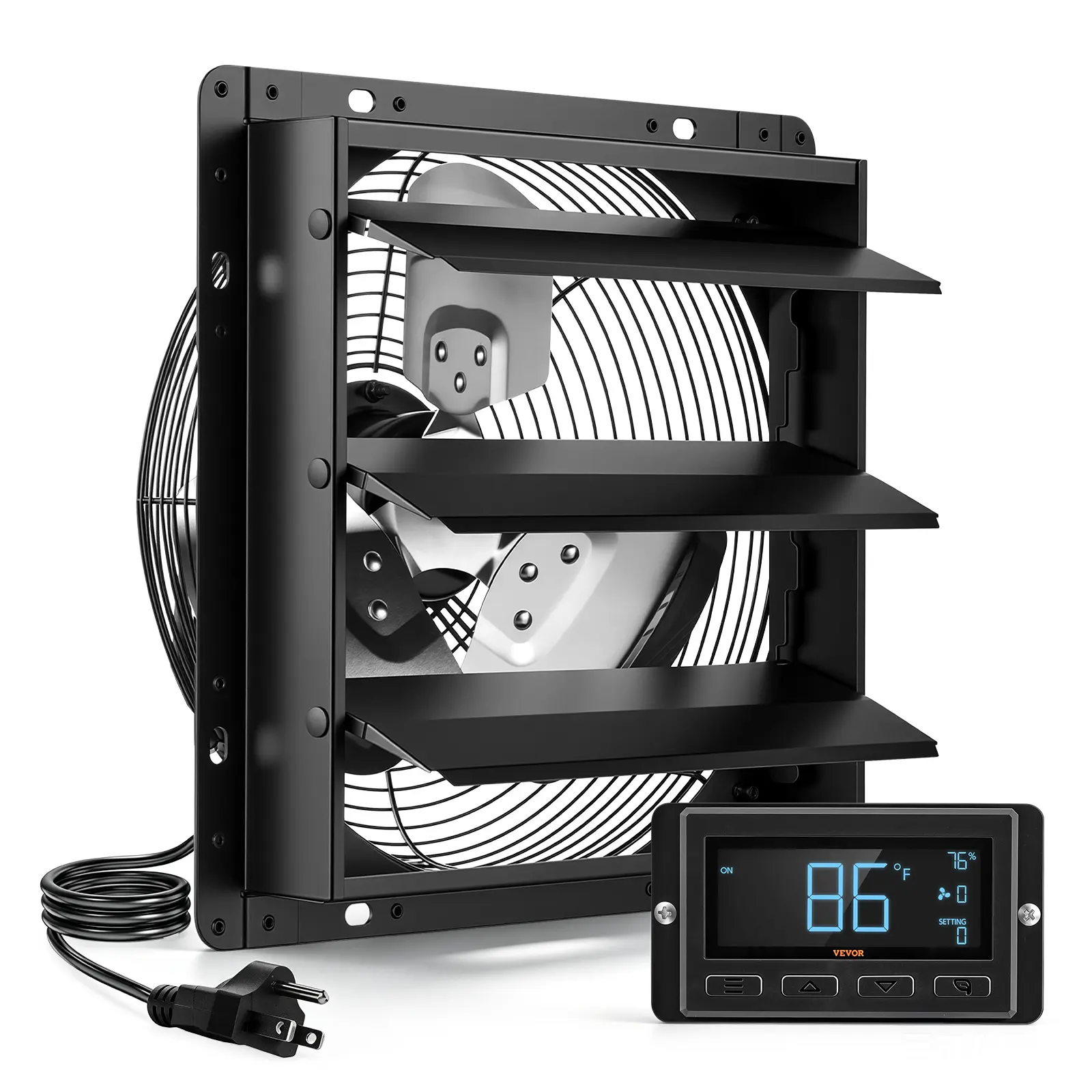 VEVOR 12 Inch Shutter Exhaust Fan Wall Mounted Automatic Louvers EC Motor, Steel Housing, Temperature & Humidity Controller, Ventilation & Cooling for Attic, Garage, Barn, Greenhouse, Workshop, Black