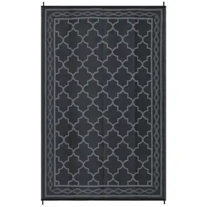 8x10 ft Lightweight Plastic Rectangular Area Rug, Black and Gray with Rhomb Border, Modern Moroccan Look for Beach, Patio Use, Rectangular Shape, Outdoor Textile for RV Spaces