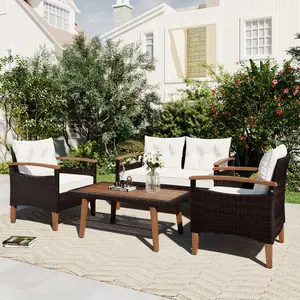4 Piece Patio Conversation Set Rattan Chair Set Outdoor Furniture Set with Cushions and Coffee Table for Backyard Porch Poolside(Beige)