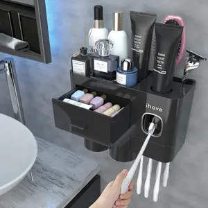 Bathroom toothbrush holder, with dual cup toothbrush holder, wall-mounted, equipped with toothpaste dispenser - large capacity tray, cosmetic drawer - toothbrush holder and bathroom accessories